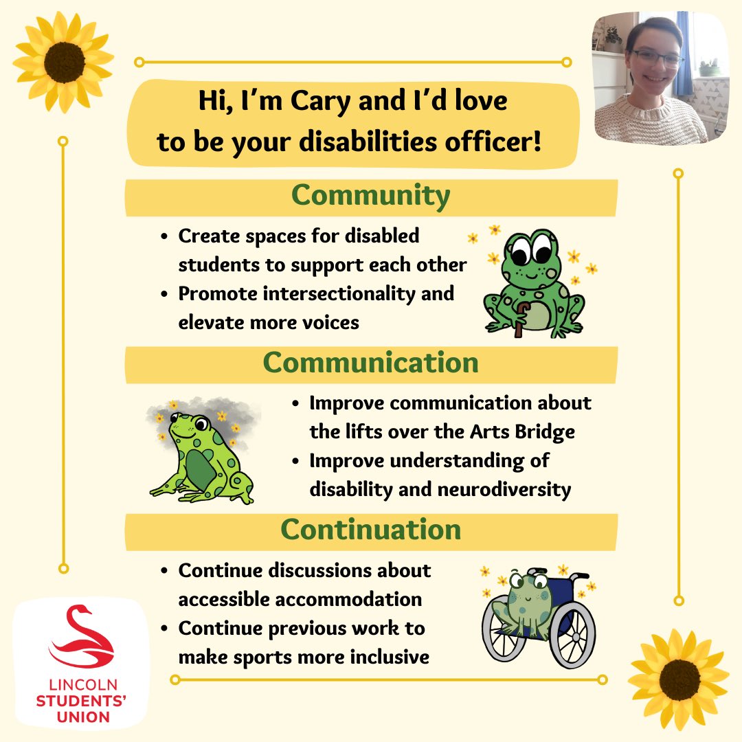 Hi Lincoln students! I’m running to be your disabilities officer this year and I’d really appreciate your support. It’s really important to me that disabled students feel welcome and supported at uni and beyond.
Read my full manifesto and make your vote at lincolnsu.com/elections