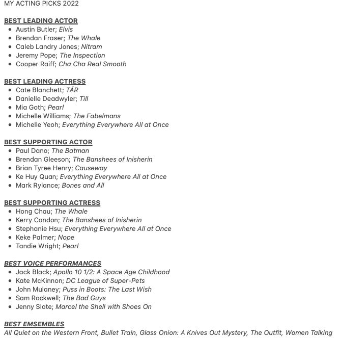 LoganDMcCoy's tweet photo. My Top 10 Best and Worst lists of 2022 = My Own Acting Picks of the Year.
#Oscars2023 #Oscars #Oscars95 https://t.co/gWXDVI5OzY