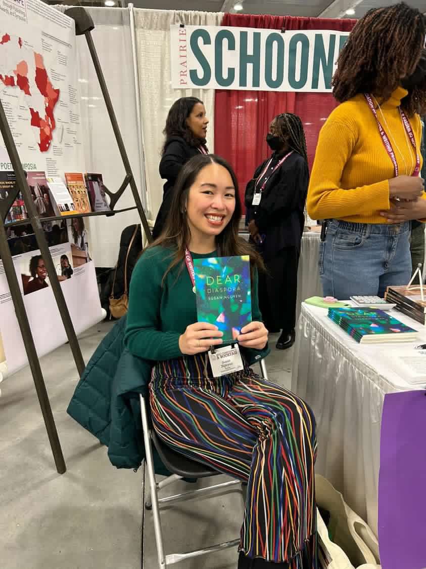 Hi #awp2023 friends, if you’re looking for copies of Dear Diaspora, stop by the @UnivNebPress table 623 & pick it up at a discount!

Also I have 3 left on me. Find me at the @haydensferryrev table at the start & end of the day/DM if you want a signed copy/book trade!!