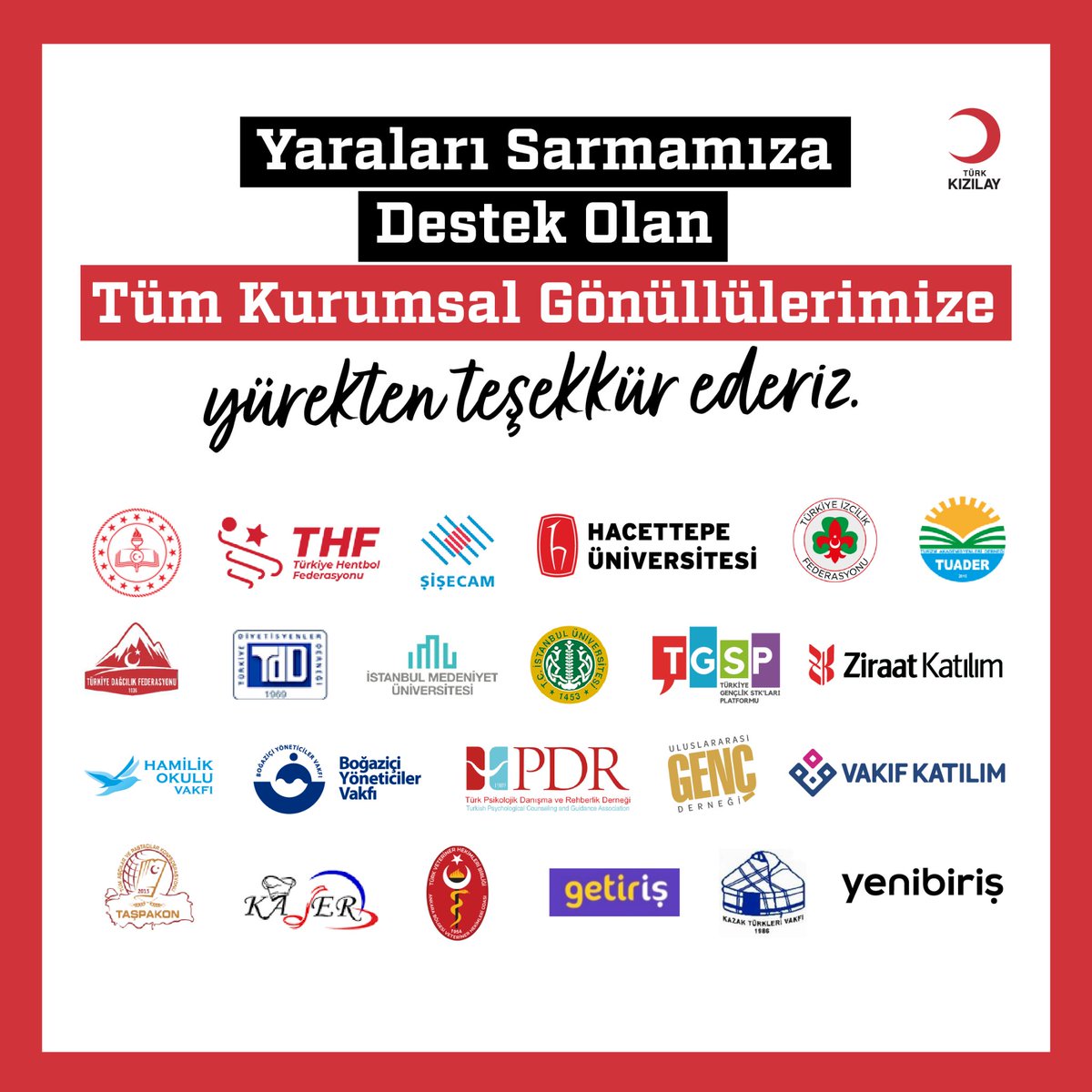 Kizilay's tweet photo. Afet bölgesinde yürüttüğümüz çalışmalara insan kaynağı desteği veren tüm kurumsal gönüllülerimize yürekten teşekkürler. https://t.co/QBW12l3gb2