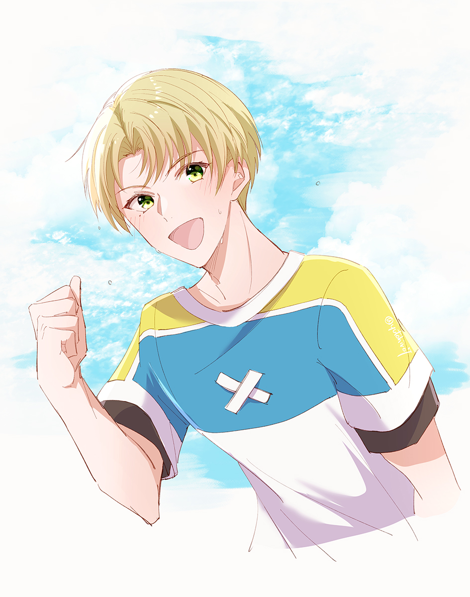 1boy male focus blonde hair solo green eyes open mouth sportswear  illustration images