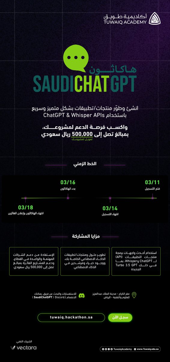 الهاكثون السعودي في الذكاء الاصطناعي لتقنيات النماذج اللغوية باستخدام ChatGPT

#SaudichatGPThackathon

بادر بالتسجيل لفرصة دعم مشروعك بمبالغ تصل إلى 500,000 ريال سعودي

للمزيد والتسجيل: tuwaiq.hackathon.sa