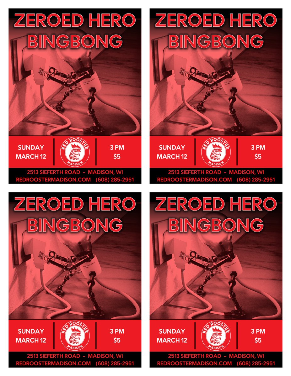 This one's for all you "I'd LOVE to catch you live but you're always playing way past my damn BEDTIME!" folks out there. Let's meet up @ <a href="/MadisonRooster/">Red Rooster Madison</a> w/ BingBong tomorrow afternoon &amp; get our partying in before the sun goes down, eh?

<a href="/ZeroedHero/">Zeroed Hero</a>
BingBong
<a href="/MadisonRooster/">Red Rooster Madison</a>
3pm
$5