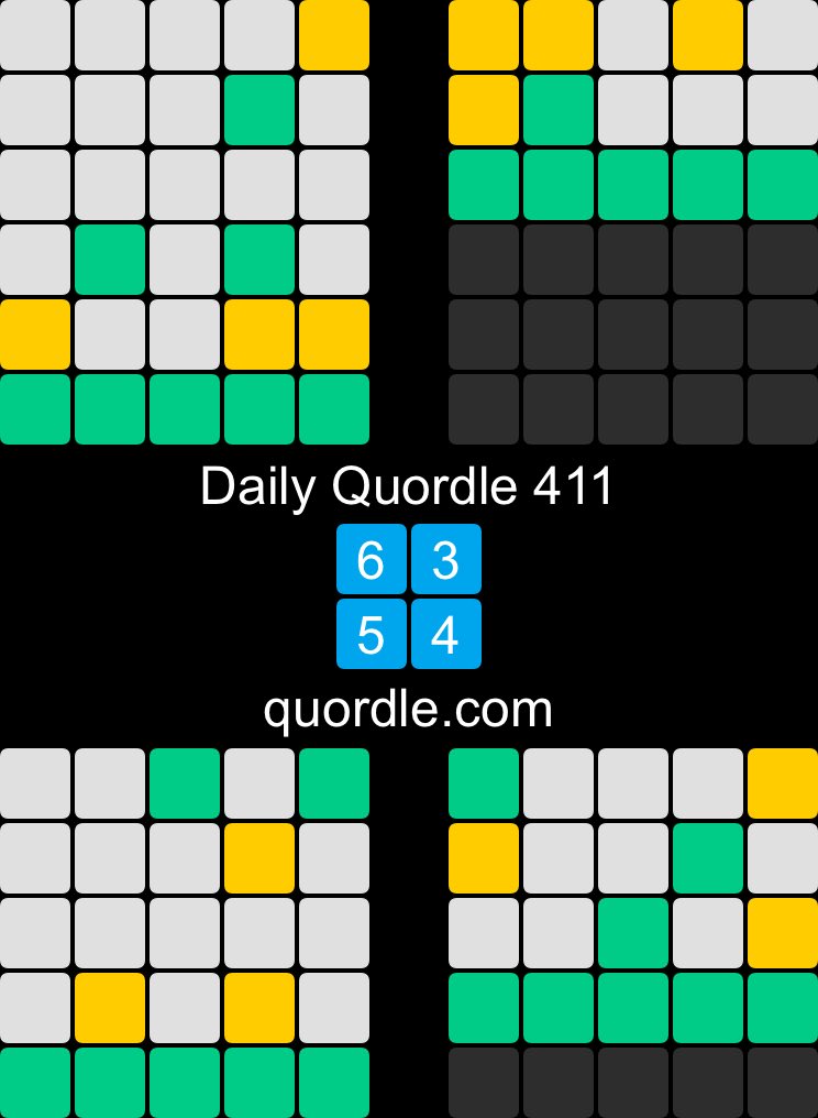 Daily Quordle 411
6️⃣3️⃣
5️⃣4️⃣
quordle.com