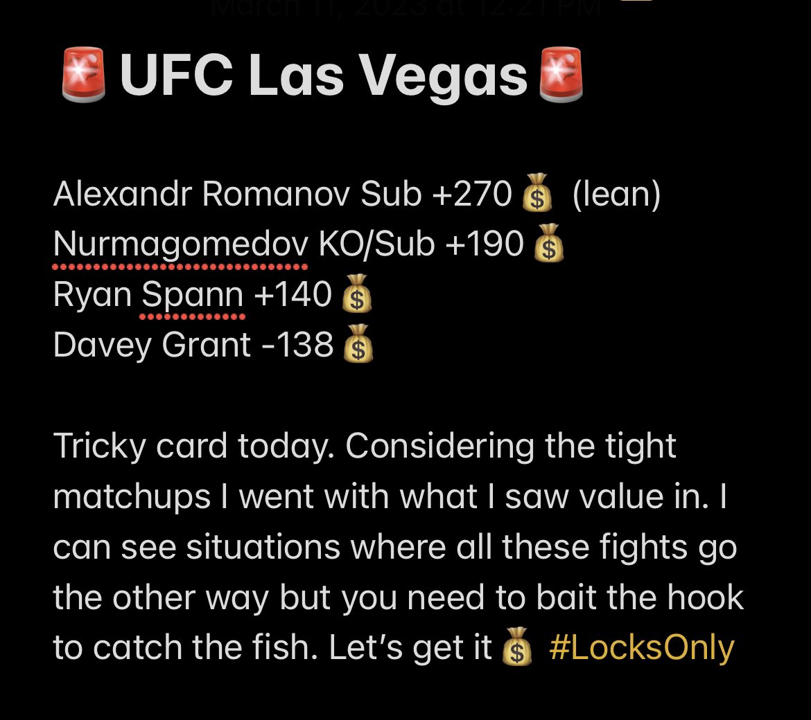 LocksOnlyMMA's tweet image. #Official picks for #UFCLasVegas🚨 let’s continue this hot run! Tough card but we took the value and have 3 plays at plus money. Let’s have a day! #LocksOnly #MMATwitter