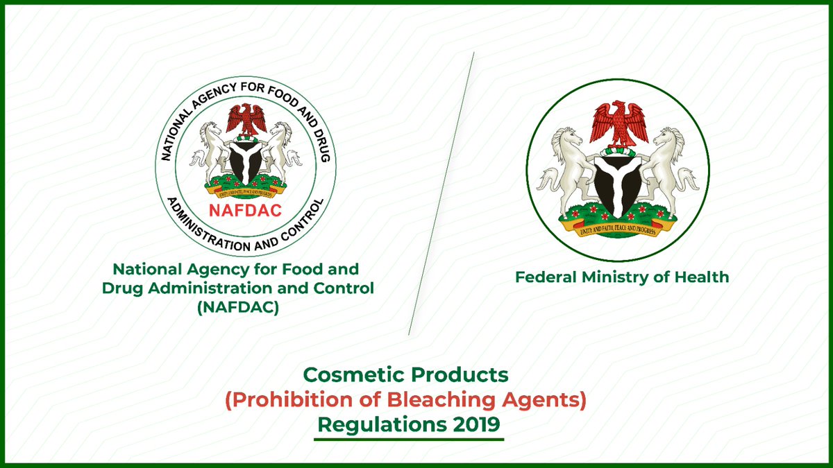 NafdacAgency's tweet photo. Did you know that the Nigerian Cosmetic Products (prohibition of bleaching agents) Regulations 2019 prohibits the production, importation, and sale of cosmetics containing harmful bleaching agents such as hydroquinone, mercury, and steroids?

Read more 📄 https://t.co/5dnlrEADK2 https://t.co/lG2Y40fHSH