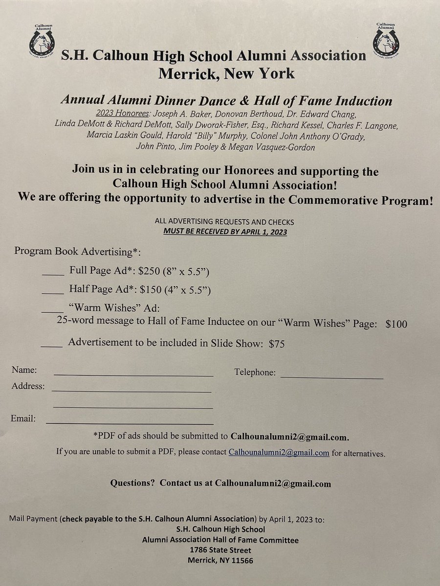 The Calhoun High School Alumni Association is hosting an Alumni Dinner Dance &amp; Hall of Fame Induction.  Join us!  Can’t make it?  Consider placing a congratulations ad in our program! #OnceaColt  <a href="/bmchsd/">BellmoreMerrickCHSD</a> <a href="/NBUFSDPride/">NBUFSD-All Are Welcome And Celebrated!</a> <a href="/NMerrickSchools/">N Merrick Schools</a> <a href="/MerrickUFSD/">Merrick UFSD</a> <a href="/BellmoreUFSD/">BellmoreStarLeaders</a> <a href="/CalhounHS/">Calhoun High School</a>