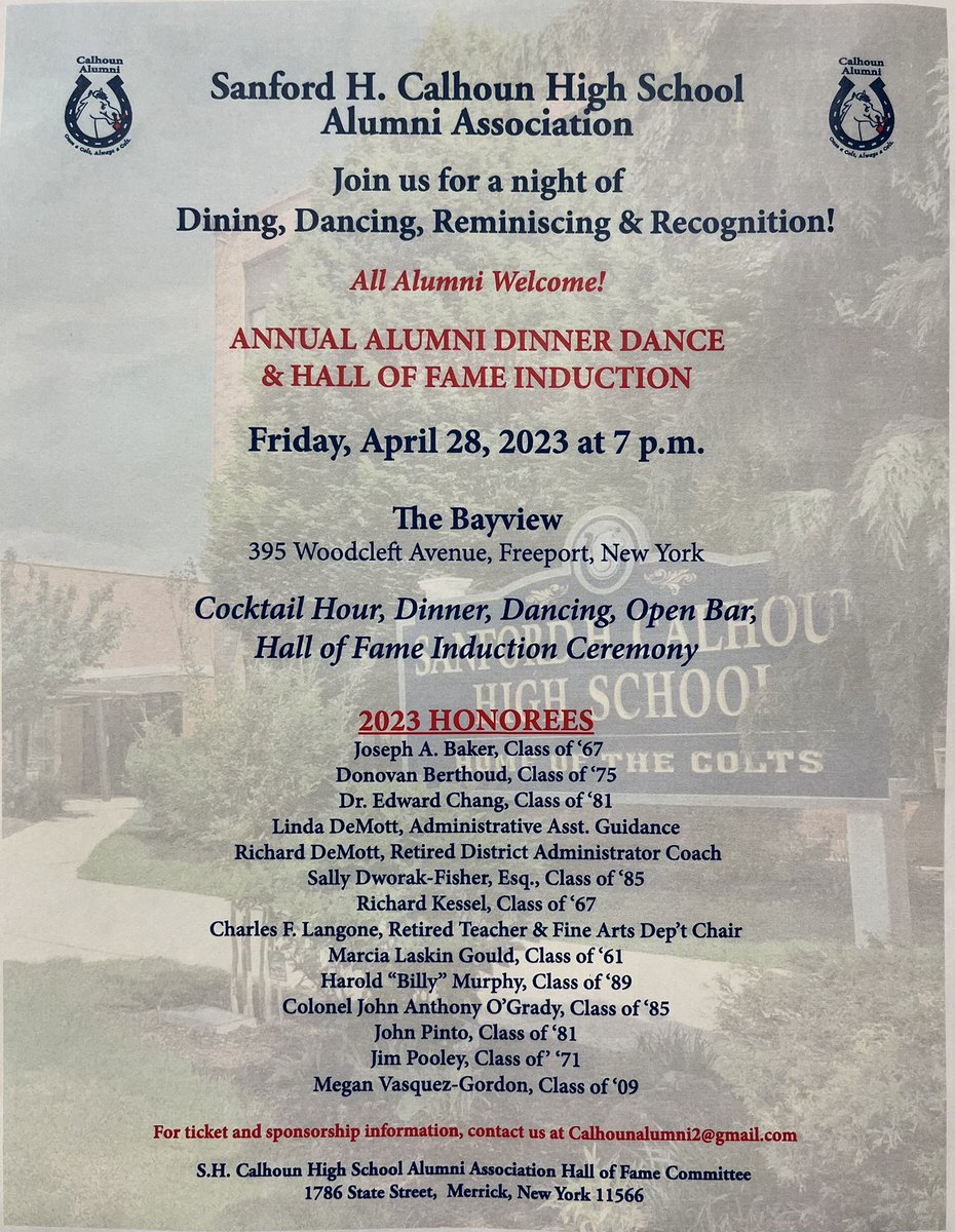 PennyEFisher1's tweet photo. The Calhoun High School Alumni Association is hosting an Alumni Dinner Dance & Hall of Fame Induction. Join us! Can’t make it? Consider placing a congratulations ad in our program! #OnceaColt @bmchsd @NBUFSDPride @NMerrickSchools @MerrickUFSD @BellmoreUFSD @CalhounHS https://t.co/ZIBlciN9aP