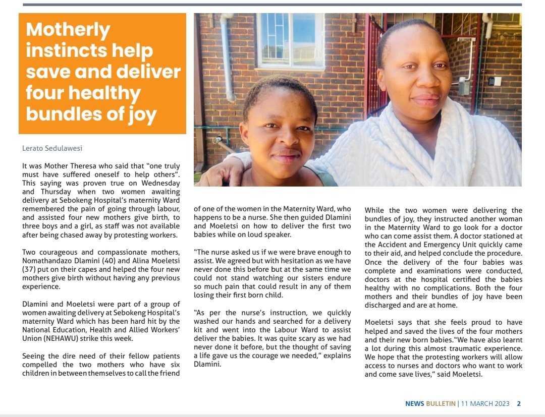 Sebokeng Hospital (@sebokenghospit1) on Twitter photo #SBKH- Two courageous and compassionate mothers, Nomathandazo Dlamini (40) and Alina Moeletsi (37) put on their capes and helped the four new mothers give birth without having any previous experience.<a href="/NkomoNomantu/">Nomantu Nkomo Ralehoko</a> <a href="/SedibengHealth/">SedibengDistrictHealthServices</a> #SBKH- Two courageous and compassionate mothers, Nomathandazo Dlamini (40) and Alina Moeletsi (37) put on their capes and helped the four new mothers give birth without having any previous experience.<a href="/NkomoNomantu/">Nomantu Nkomo Ralehoko</a> <a href="/SedibengHealth/">SedibengDistrictHealthServices</a>