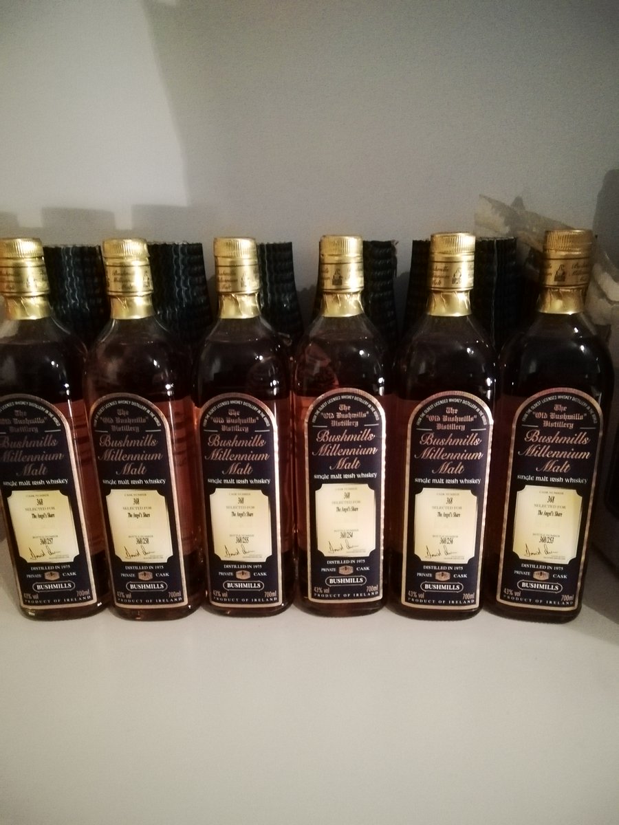 BushmillsM's tweet photo. @TaylorCope1982 24 year old, triple distilled, non chill filtered, 1975 Bushmills Millennium bottled in 1999.  Matured 16 years in a Sherry Hogs head &amp; 8 in American Oak Bourbon barrel at Bushmills Distillery.
Those bottles belong to @IrishSpirit_ 
You can taste the history and pedigree. https://t.co/Bx55JrkhWV