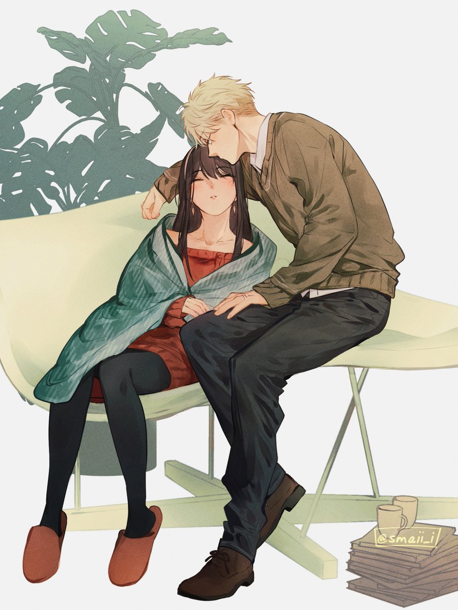 twilight (spy x family) ,yor briar 1girl 1boy pantyhose sweater blonde hair black hair closed eyes  illustration images