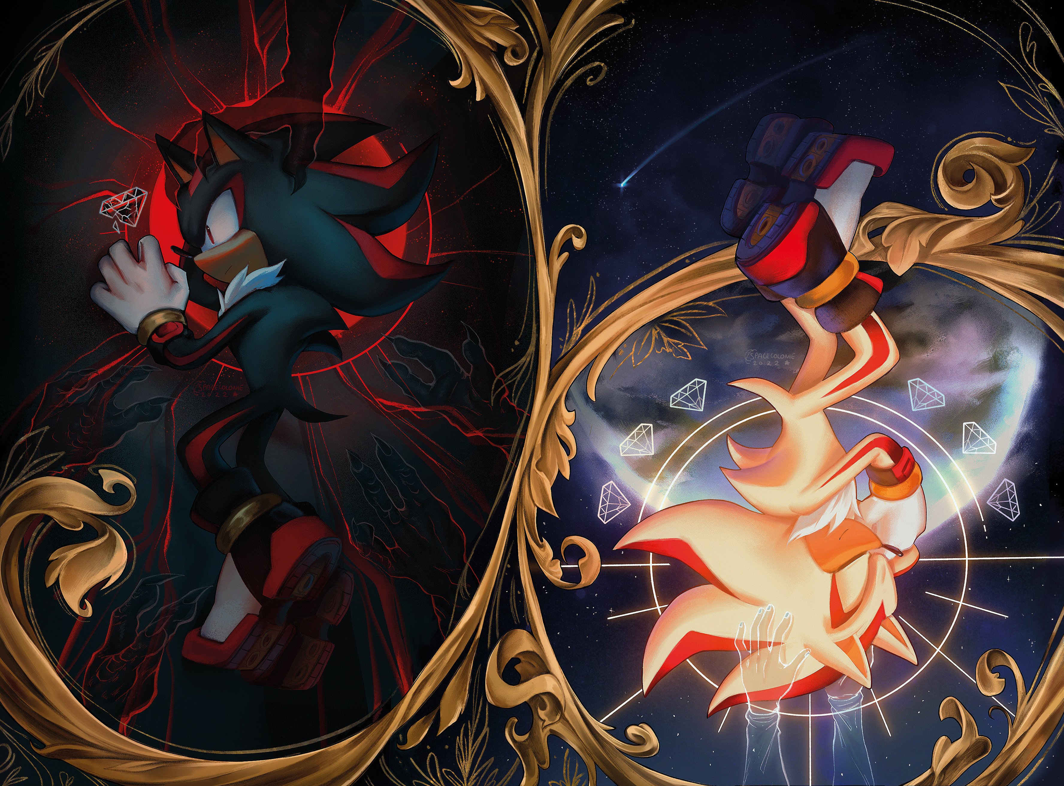 sonic the hedgehog, shadow the hedgehog, and silver the hedgehog (sonic)  drawn by deya_(tiolimond)