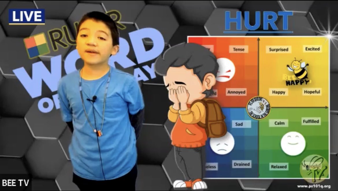 PS101Q's tweet photo. @marcbrackett Our daily @rulerapproach ‘Word of the Day’ is extra powerful because it’s delivered by our very own #BEEtv student newscasters every single day throughout #PS101Q with a definition and strategies to use. #RULER #SEL @NYCSchools @DOEChancellor https://t.co/QNeV9aAgTG