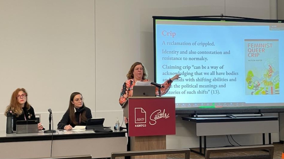 At the <a href="/awpwriter/">AWP</a> 2023 conference yesterday giving a paper on a panel organized by <a href="/crgrimmertpv/">C. R. Grimmer</a> on Cripping &amp; Accessbility, talking about the work <a href="/ELitLab/">Electronic Literature Lab</a> is doing w/accommodations for The NEXT. Thank you to fellow panelist Molly Ubbesen for the photo. <a href="/CASatWSU/">WSU Arts & Sciences</a> <a href="/WSUVancouver/">WSU Vancouver</a>