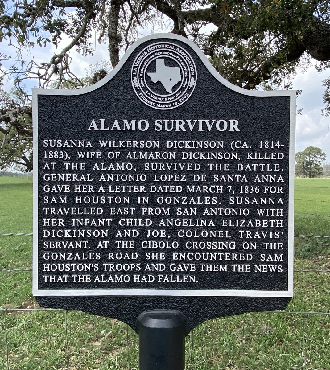 TexHistMarkers's tweet photo. Alamo Survivor
Susanna Wilkerson Dickinson
Cibolo Crossing
#OTD March 12, 1836
Wilson County, Texas
Location:  29.3721358, -98.0998997
Learn More:  https://t.co/2m18SKV6ib
#Texas #History #TexasHistory #Alamo #WilsonCounty #TexasIndependence #RoadToSanJacinto #Texian #TexasArmy https://t.co/K3gQd4mrZH