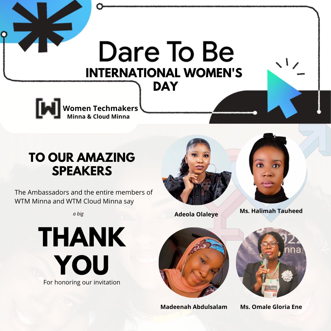 We say Thank You to all amazing personalities that celebrated #IWD2023 with us.
To our speakers, thank you for honoring our invitation.

Happy #InternationalWomensDay2023
#DareToBe #EmbraceEquity #wtmMinna #wtmCloudMinna