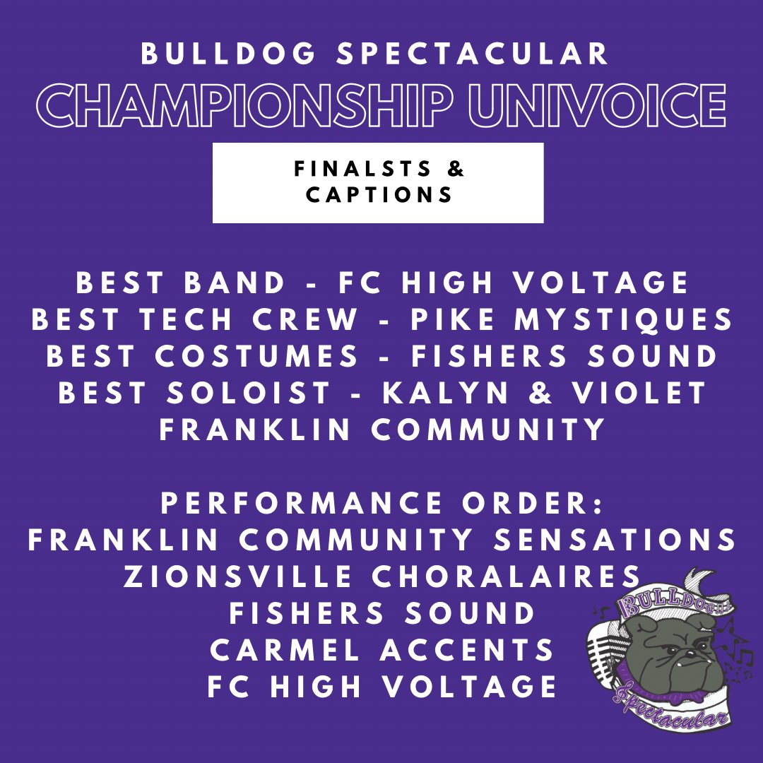 Congratulations to the Championship Univoice finalists and caption award winners! #BulldogSpec23. Championship Finals begin in the gym at 6:45pm!