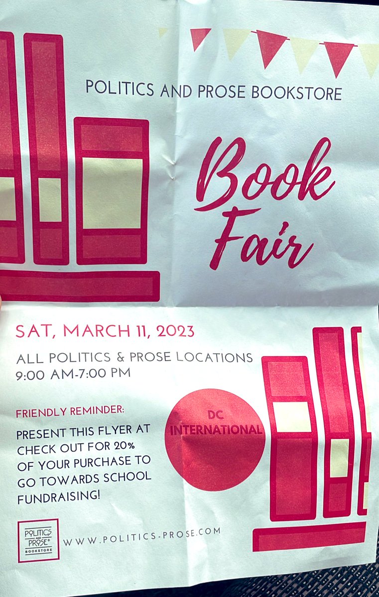 Calling all 📚 aficionados! Come out today to a <a href="/PoliticsProse/">Politics and Prose</a> near you to support one of our amazing #Ward4 schools: <a href="/DCISchool/">DCI School</a>. Present this flyer and 20% of your purchase goes to the school. Good until 7p! Thank you, Politics and Prose! ❤️