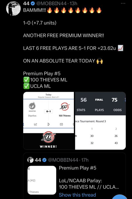MOBBIN44's tweet photo. 💰FREE PLAYS 3/10💰

9-3 FOR +38.6 UNITS 📈

✅TIAFOE ML // KHACHANOV ML
✅GOLDEN GUARDIANS ML // BOBO +1.5
✅100 THIEVES ML // UCLA ML
✅TOLEDO ML // PAQUETA ML
✅USE ML // BAMA ML
✅KT ROLSTER 2-0 // JAPAN ML
✅MOVISTAR RIDERS ML // FAU ML
✅HAVU +1.5 // KT ROLSTER Map1 ML
✅INTO THE BREACH ML
❌RED SOX ML // LA GUERRILLAS/LV LEGION o3.5
❌MONTE ML
❌MONTE Map3 +2.5