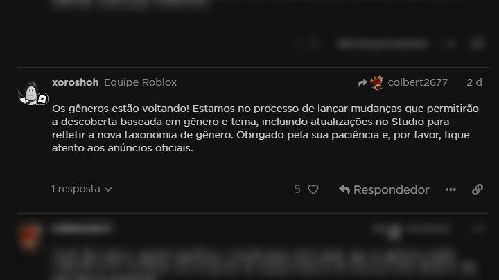 RTC em português  on X: ÚLTIMAS NOTÍCIAS: Os gêneros de jogos no Roblox  estão voltando! Nós poderemos voltar a pesquisar jogos com esses filtros!  🔎 Isso foi anunciado por alguém da