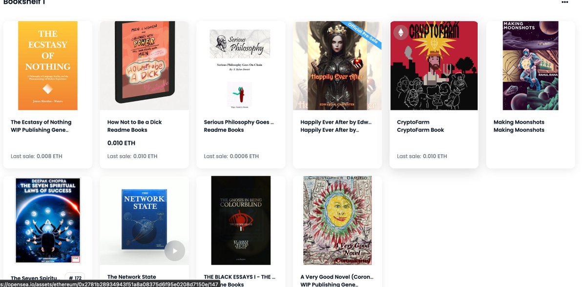 vagobond's tweet photo. My NFT bookshelf is filled with some pretty amazing #literaryNFTS and #storytellingNFTs - What #nftbooks should I add to my shelves?
#readmebooks
#creatokia
#alexandrialabs
#vagobondmagazine (full set)
#metalibrary / #bookcoin
#LIT editions
#WIPPublishing
#broadside https://t.co/EgljAVamxk