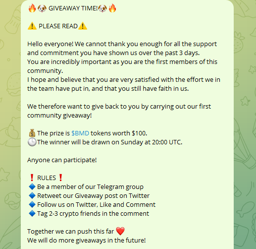 bulldogmusk's tweet photo. 🔥GIVEAWAY🔥
Our launch 3 days ago was a stunning success.
That's why it's time for our first community giveaway! 

💰Prize: $100 worth of $BDM
🕒The winner will be announced on Sunday at 20:00 UTC on Twitter

Telegram: https://t.co/3IubCoGdwj
#bulldogmusk

Read the rules below: https://t.co/ued6Omen5f