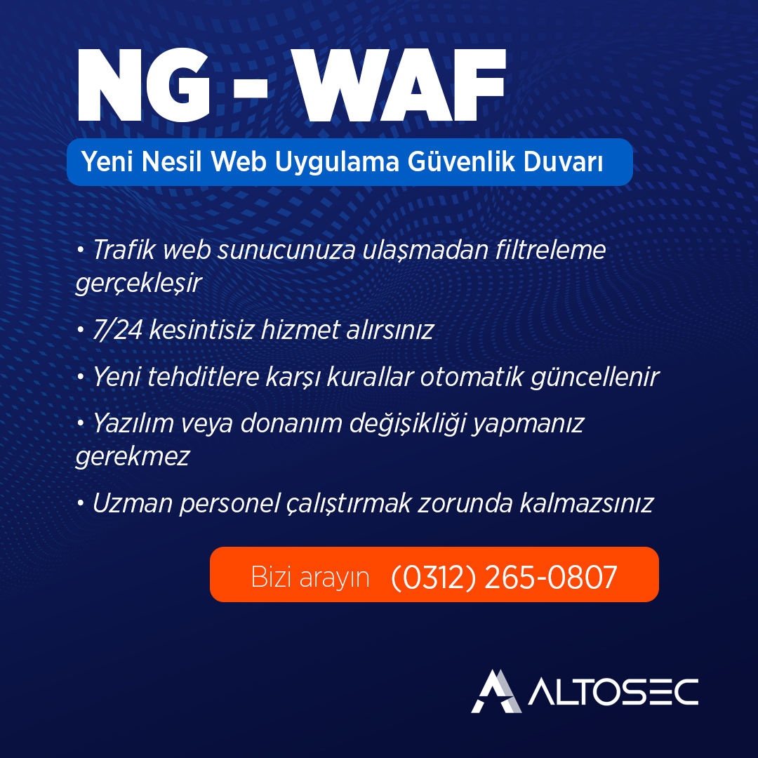 Altosec NG-WAF, işletmeler için ideal çözümü sunar

🔗 altosec.com/ngwaf.html