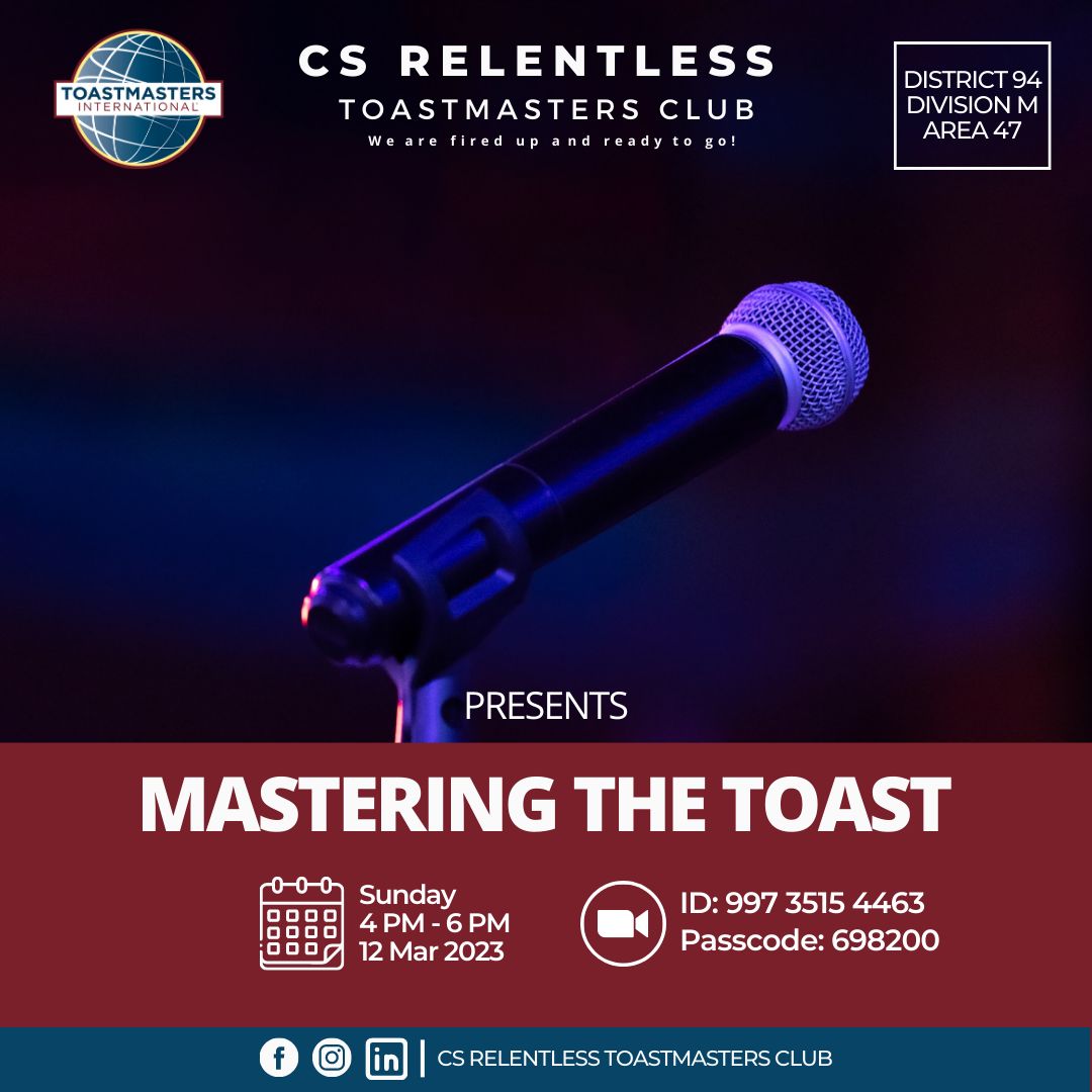 Mastering the Toast

Explore the power of effective communication.

Discover valuable insights from the March edition of the Toastmasters Magazine.

Delve into a thought-provoking book review that will leave you awestruck. 

Join us as we Master the Toast.