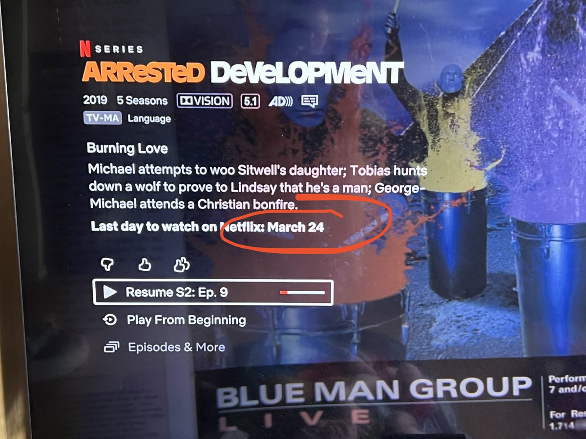 softnshiny's tweet image. Been doing a “last” marathon of #ArrestedDevelopment on @netflix in #canada as it was leaving March 15. Now says March 24,have hope I’ll manage to see it all again before it’s gone. I’ve seen it several times but it’s been a while. Anyone else bingeing it now too? #finalcountdown