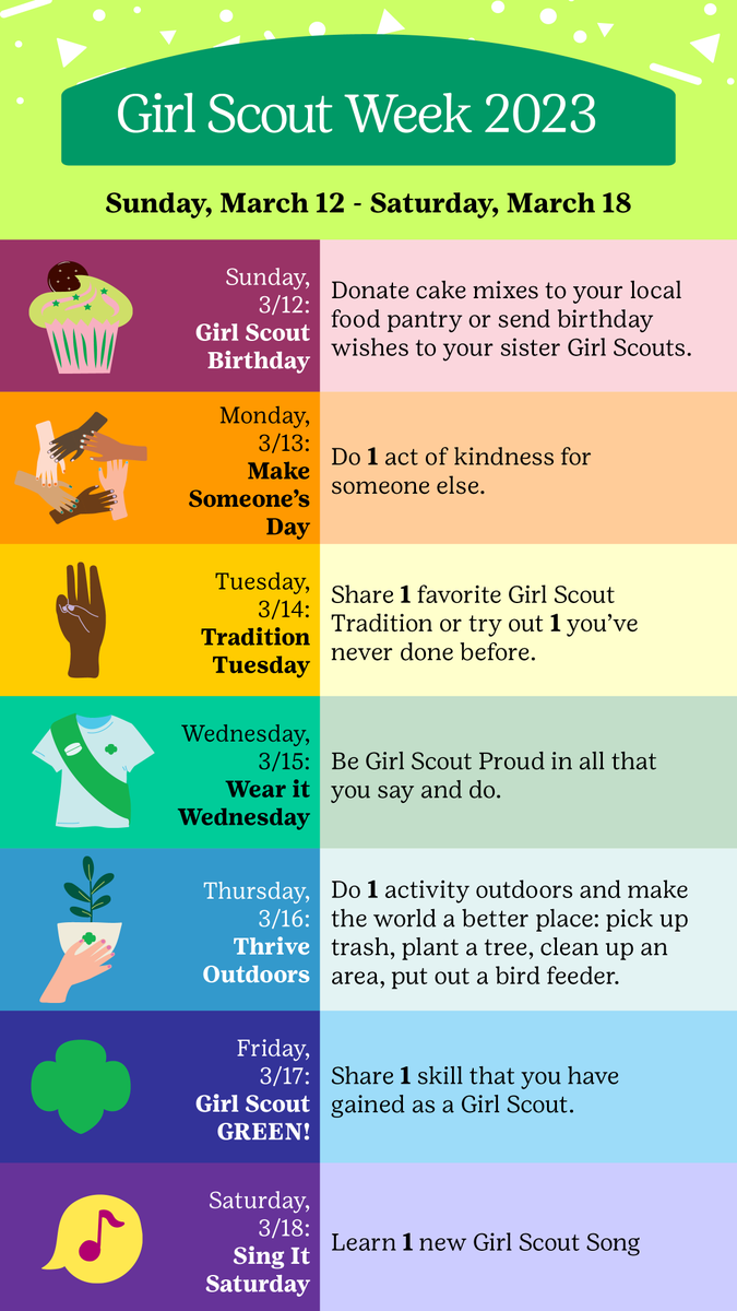 KSGirlScouts's tweet photo. Girl Scout Week kicks off tomorrow! Join us for a week of celebration for our 111th year of Girl Scouting. Complete one Girl Scout moment each day and tag us at #KSGirlScouts. 

#GirlScouts #GSKH #BecauseofGirlScouts #GirlScoutWeek #GirlScoutBirthday #gsWeek #gsBirthday https://t.co/VS7aopg2n5