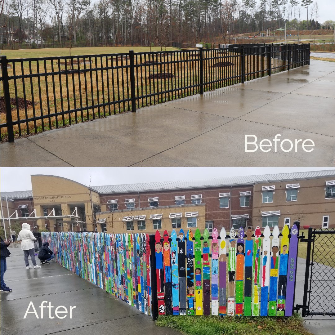 📣 Yesterday, kids at <a href="/es_parkside/">THEParksideES</a> put on the finishing touches. Parent volunteers and @unitedartswake's Ms. Maier, assembled the fence, with some help from the students. The Identity Fence was then mounted next to school entry for everyone to enjoy for many years to come!