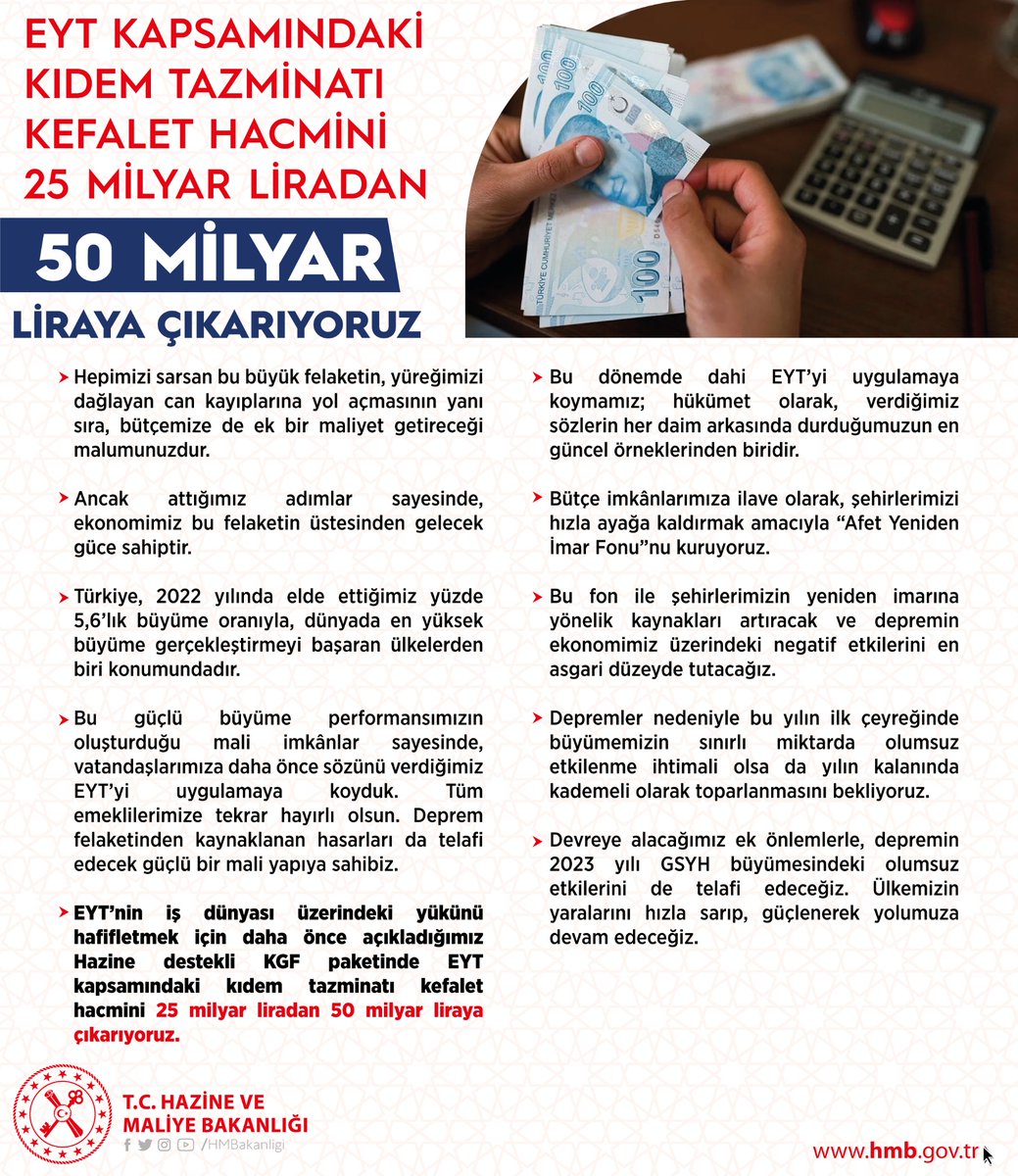 NureddinNebati's tweet photo. EYT’nin iş dünyası üzerindeki yükünü hafifletmek için daha önce açıkladığımız Hazine destekli KGF paketinde EYT kapsamındaki kıdem tazminatı kefalet hacmini 25 milyar liradan 50 milyar liraya çıkarıyoruz. https://t.co/tBrqsgo3Dd