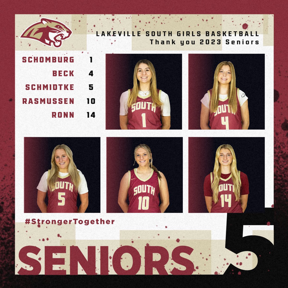 Lakeville South Girls Basketball wrapped up their season last night in Rochester with 2nd place in Section 1AAAA. Season recap: 19 wins and 10 losses. With 19 wins, the team is tied for the most wins in Lakeville South history! Many thanks to our seniors!
#StrongerTogether