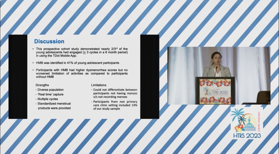 DrBriannaBakow's tweet image. Sad to be missing colleagues and the Orlando ☀️ but really enjoying the #HTRS2023 virtual platform! Fantastic talk by Dr. Natasha Bala on the innovative use of a mobile app to assess menstrual bleeding in adolescents! @HTRStoday