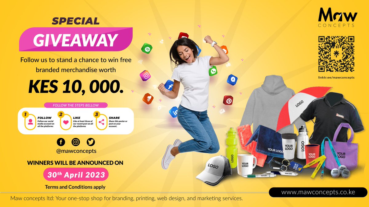 Want to win branded merchandise worth KES 10,000? Here's how to enter:
Step 1: Follow us on all our social media accounts using the link below
Step 2: Like and share our page and posts
Step 3: Share this post on your account.
Good luck!

Visit us here: linktr.ee/mawconcepts
