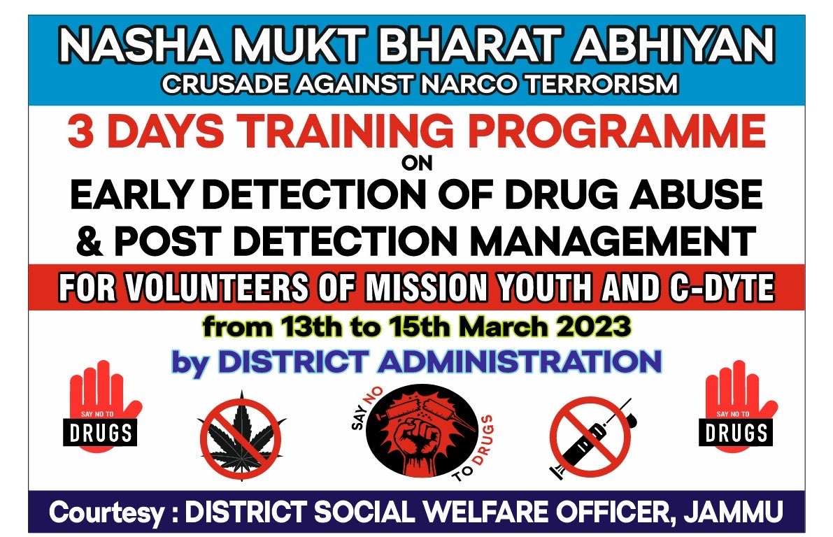 MAMTA RAJPUT,JKAS (@mamtarajput87) on Twitter photo #Crusade against narco terrorism#
3 days training program for “Early detection of drug abuse and post detection management”in distt jammu <a href="/NMBA_MSJE/">Nasha Mukt Bharat Abhiyaan</a> <a href="/PMOIndia/">PMO India</a> <a href="/OfficeOfLGJandK/">Office of LG J&K</a> <a href="/diprjk/">Information & PR, J&K</a> @dcjammuofficial <a href="/socialwelfarejk/">Social Welfare Department, J&K</a> #Crusade against narco terrorism#
3 days training program for “Early detection of drug abuse and post detection management”in distt jammu <a href="/NMBA_MSJE/">Nasha Mukt Bharat Abhiyaan</a> <a href="/PMOIndia/">PMO India</a> <a href="/OfficeOfLGJandK/">Office of LG J&K</a> <a href="/diprjk/">Information & PR, J&K</a> @dcjammuofficial <a href="/socialwelfarejk/">Social Welfare Department, J&K</a>