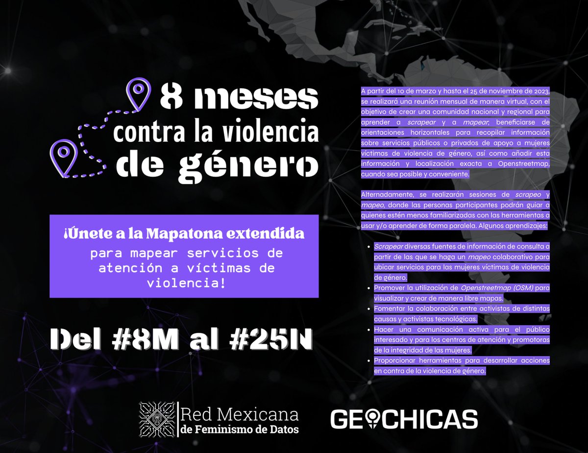 ✳️ Finalmente... 

¡Te invitamos a ser parte de la Mapatona Extendida: "8⃣ meses contra la violencia de género"!

¡Mapea servicios de atención a víctimas de violencia del #8M al #25N! Súmate a esta iniciativa de <a href="/red_mx_datosfem/">Red mexicana de feminismo de datos</a> y <a href="/GeoChicasOSM/">Geochicas</a> AQUÍ 🗺️🟣➡️ bit.ly/RMFDMX