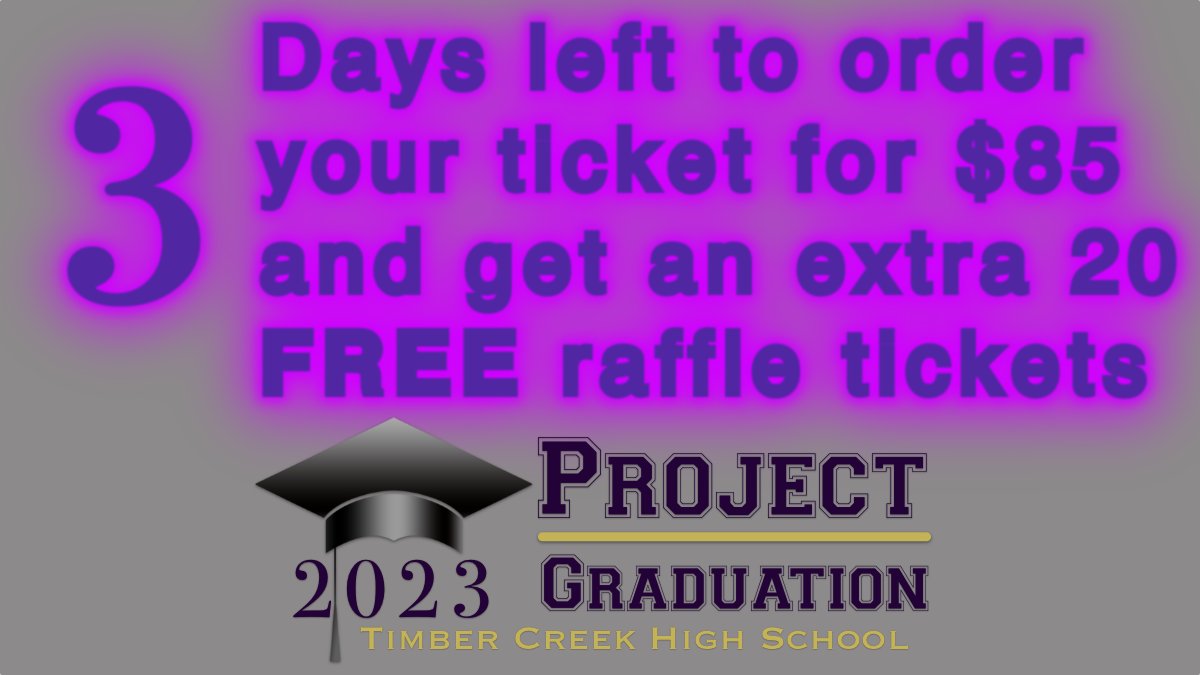 🎫 prices go 👆 $15 Wed, 3/15, so grab yours today!  Complete the contract before the 15th, &amp; get an extra 20 🎟️s 🆓!
project-graduation-2.square.site/product/ticket…

<a href="/TCHSBandOrch/">TCHS Band&Orchestra</a>
<a href="/TCHS_cg/">Timber Creek CG</a>
<a href="/TCHSFootball/">TCHS Falcon Football</a>
<a href="/TCHS_WAthletics/">TC Women’s Athletics</a>
<a href="/TCHSSportsNet/">Timber Creek Sports</a>
<a href="/TCHSFalconChoir/">Timber Creek Choirs</a>
<a href="/TCHoopS/">Timber Creek Boys Basketball</a>
<a href="/TCGBB/">Timber Creek Lady Falcons</a>
<a href="/TCHSSoccerBoys/">Timber Creek HS Boys Soccer</a>
<a href="/TCHS_WSOCCER/">TCWS</a>