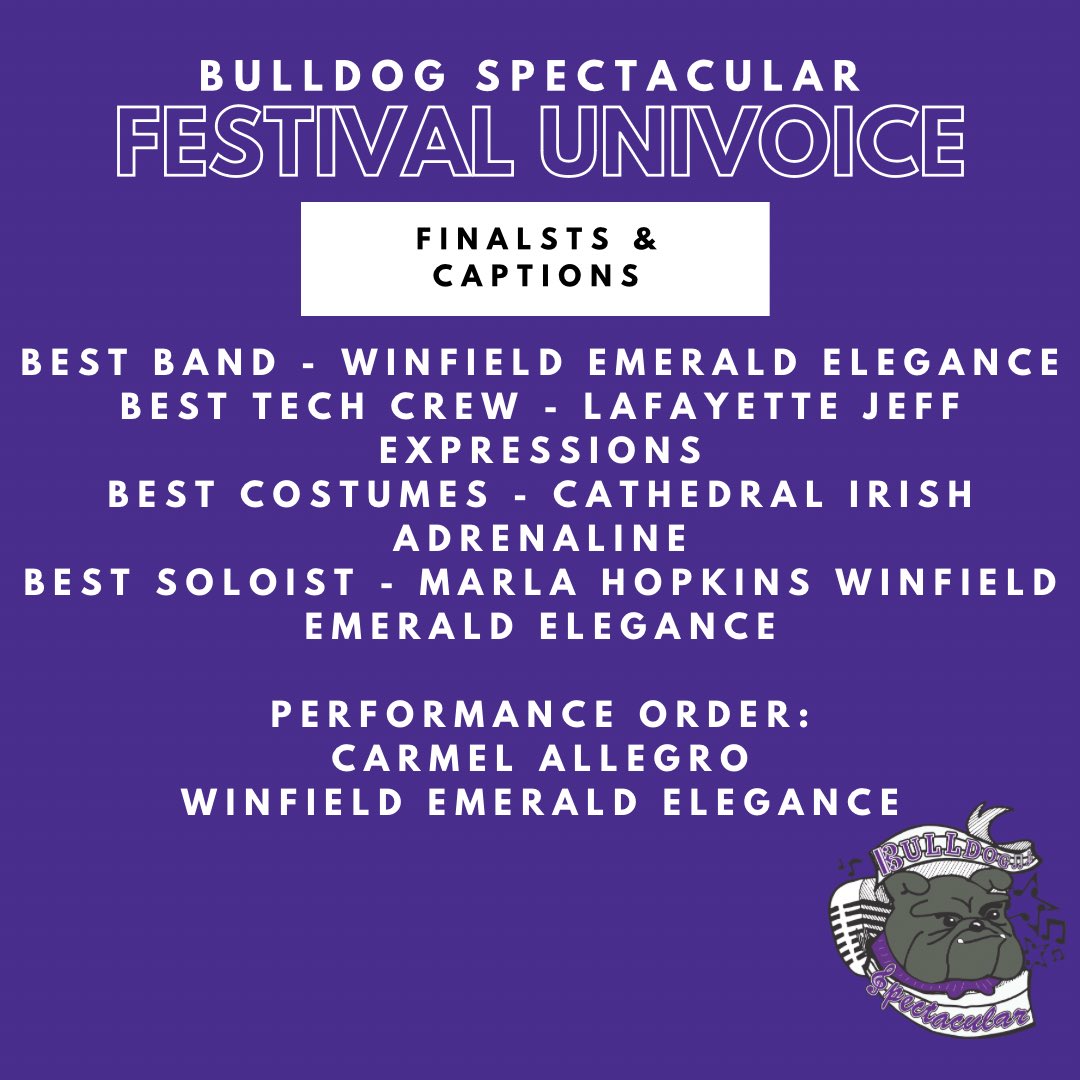 Congratulations to the Festival Univoice finalists and caption award winners! #BulldogSpec23. Festival Finals begin in the auditorium at 6:30pm!