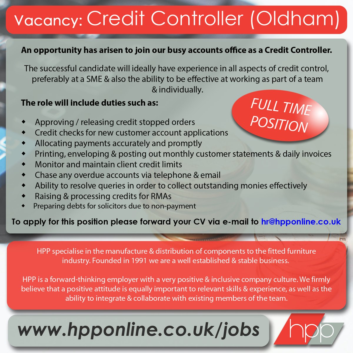 We're on the look-out for a Credit Controller to join our Accounts team. Please feel free to share this: you never know who might see it & be given an opportunity to work with one of Oldham's largest employers #jobsearch #oldhamhour #OldhamJobs 👍😊