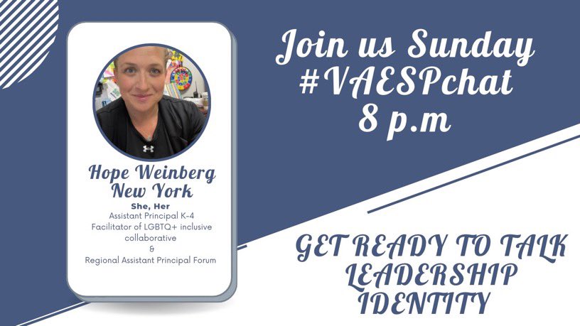 #VAESPChat this Sunday with @coach_4_impact Topic: Leadership Identity. <a href="/mraspinall/">Brian Aspinall</a> @mradamwelcome <a href="/_AndyJacks/">Dr. Andy Jacks</a> <a href="/adamddrummond/">Dr. Adam D. Drummond-Konopasek</a> @AlexanderDeeb <a href="/AdamBrownEDU/">Adam Brown, Ed.D.</a> <a href="/AllysonApsey/">Allyson Apsey</a> <a href="/angeladuckw/">Angela Duckworth</a> @BarbaraGruener <a href="/ZBauermaster/">Zac Bauermaster</a> <a href="/burgessdave/">Dave Burgess</a> @scottlbaldwin <a href="/bethhill2829/">Bethany Hill🌟#JoyfulLeaders</a> <a href="/BethHouf/">Beth Houf, Ed. D</a> <a href="/GustafsonBrad/">Dr. Brad Gustafson</a>