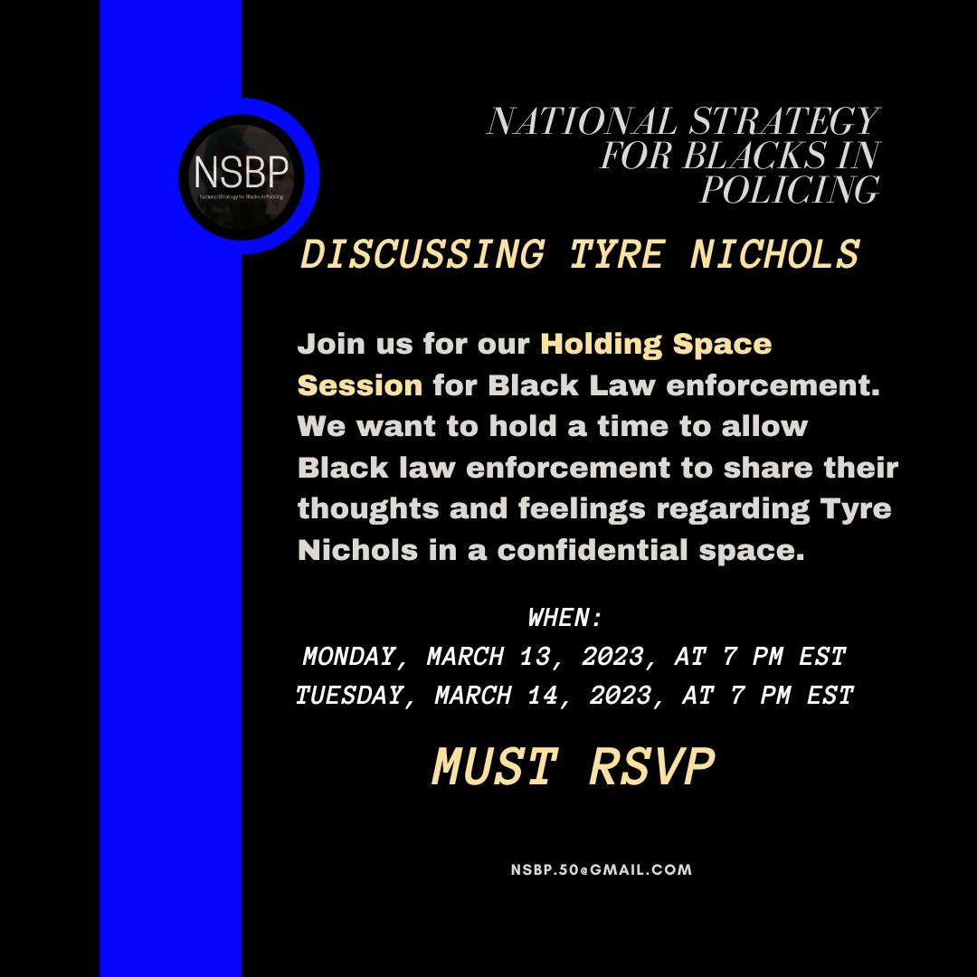 Join us for our Holding Space Session for Black Law enforcement. We want to hold a time to allow Black law enforcement to share their thoughts and feelings regarding Tyre Nichols in a confidential space. RSVP us02web.zoom.us/meeting/regist…