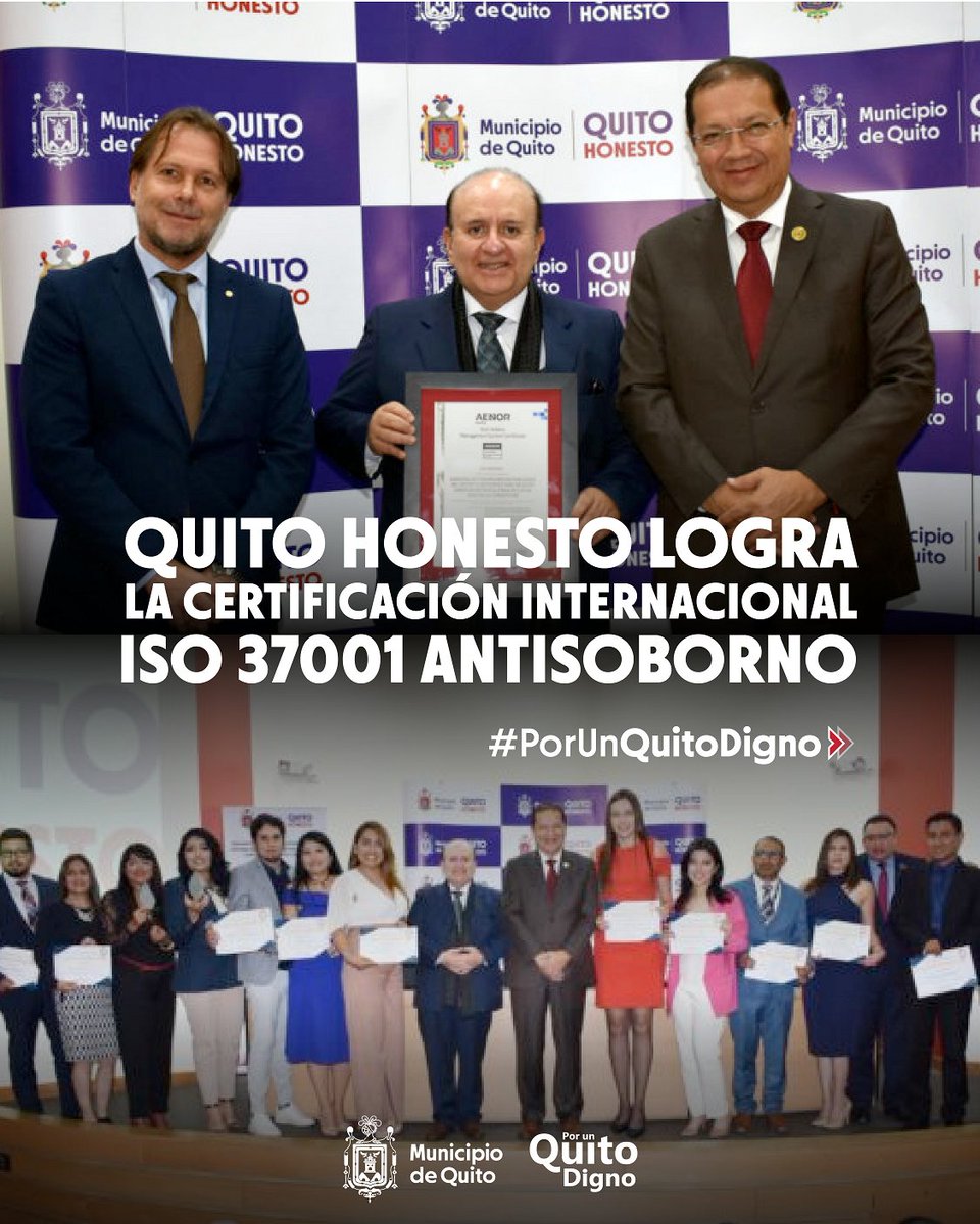 MunicipioQuito's tweet photo. 📰 #Boletín | Certificadora Aenor Ecuador S.A entregó a la Comisión Metropolitana de Lucha Contra la Corrupción @QuitoHonesto la Certificación Internacional ISO 37001 Antisoborno. #CumplimosDePrincipioAFin #PorUnQuitoDigno

👇👇
https://t.co/fyGO6DAg9O 
@santiguarderas https://t.co/9w6cwfu8ta