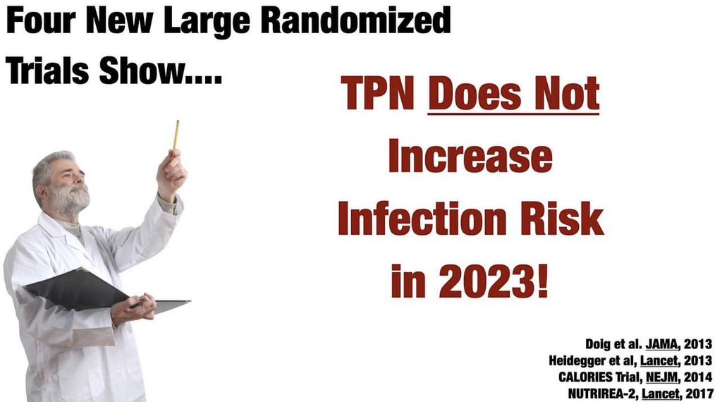 ⚠️ TPN does NOT increase risk of INFECTION! 

4 large randomized ICU trials in high impact journals show no association of #TPN with infection of any kind! ⬇️

Please email me:
paul.wischmeyer@duke.edu for copies of papers!

#SCCMSoMe #MedTwitter #MedEd #ICUNutrition #FOAMcc