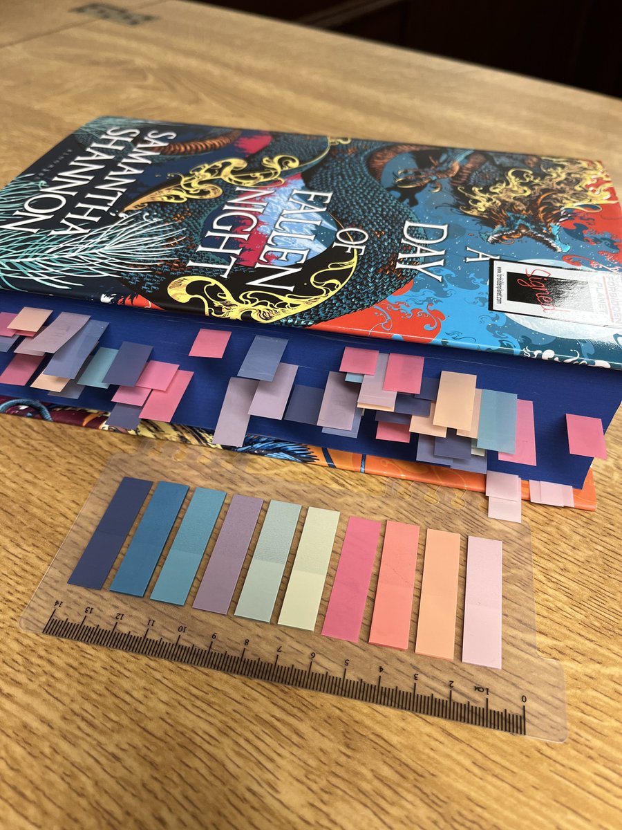 ConnieL1818's tweet image. First time using annotations for my books and definitely picked the right book! So many tabs! Halfway through and I’m loving the story @say_shannon  #adayoffallennight #annotations #booktabs #pagetabs #socolourful