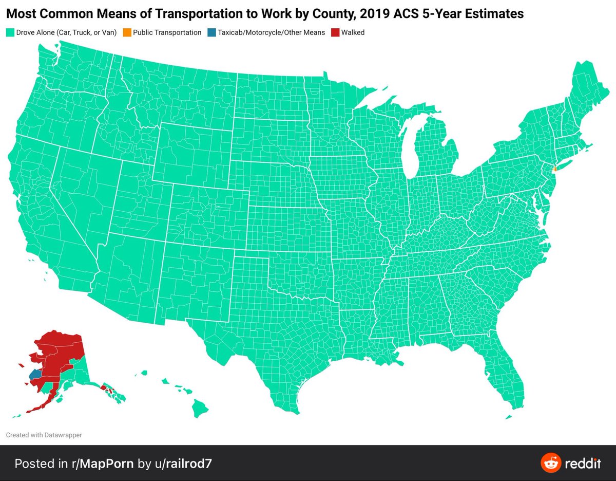 Counties in orange indicate where transit is the most common mode of transportation to work. We have A LOT of work to do.