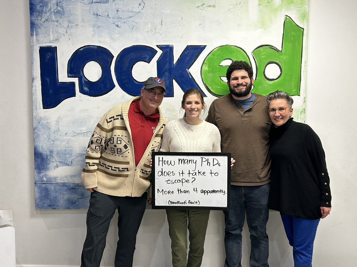 DocFerraro's tweet image. While the #KState Prevention Science faculty (@Prof_Toews @KAnders_PhD @BradfordWiles) know how to have fun, we are clearly not very skilled at Escape Rooms #ItWasBradfordsFault