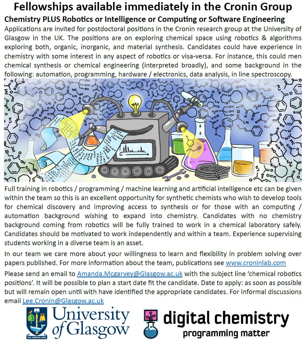 Positions in chemical robotics in @Croninlab housed in <a href="/UofGARC/">UofGARC</a>  <a href="/UofGlasgow/">University of Glasgow</a> available!  We are VERY flexible &amp; open minded.  No closing date. Team leadership experience positions avialable also. Please retweet!!