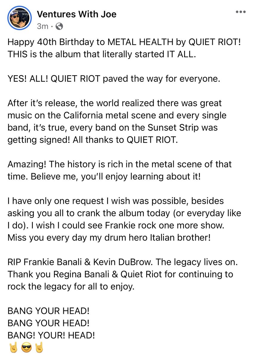 VenturesWithJoe's tweet photo. #HappyBirthday to the awesome @QUIETRIOT album #MetalHealth

40 YEARS STRONG!
BANG YOUR HEAD!
🤘😎🤘
@FrankieBanali 
@ReginaBanali 
@rudysarzo 
@AlexGrossi https://t.co/AsaLt5cQ1W