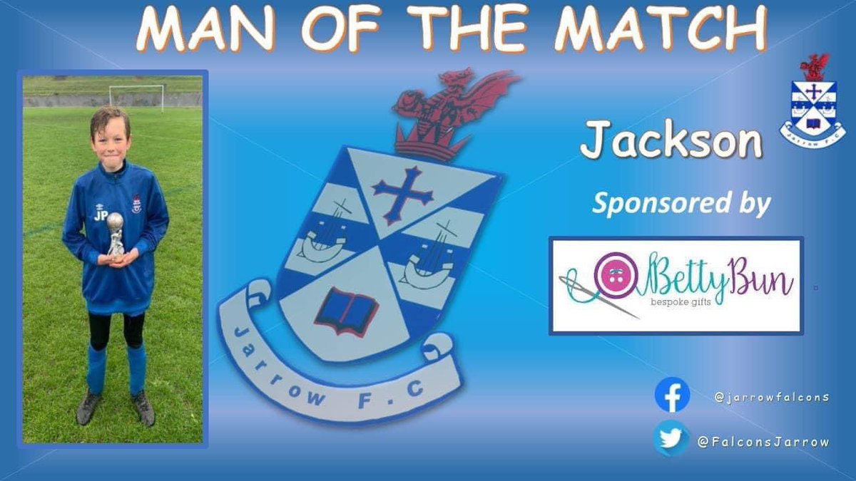 FalconsJarrow's tweet photo. Well done to Jackson on his man of the match performance today. He showed great quality on the ball &amp; a brilliant range of passing. And he bagged himself a goal too👍🏻⚽️

Player sponsored by 
BettyBun

Team sponsored by
A&amp;J Power Services 
Top Marks Ltd.

Jarrow FC https://t.co/MHvpR7J8Hf